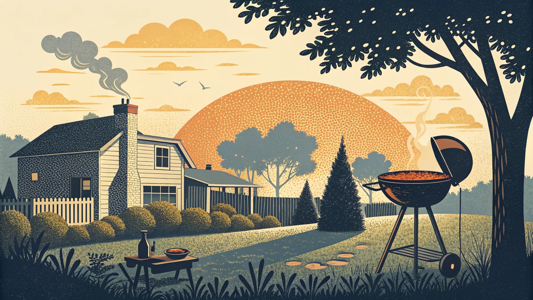 Backyard barbecue at golden hour: a charcoal kettle grill with coals glowing in the bowl, a striped folding lawn chair, string lights along a picket fence, and a low mustard sun over the rooflines.